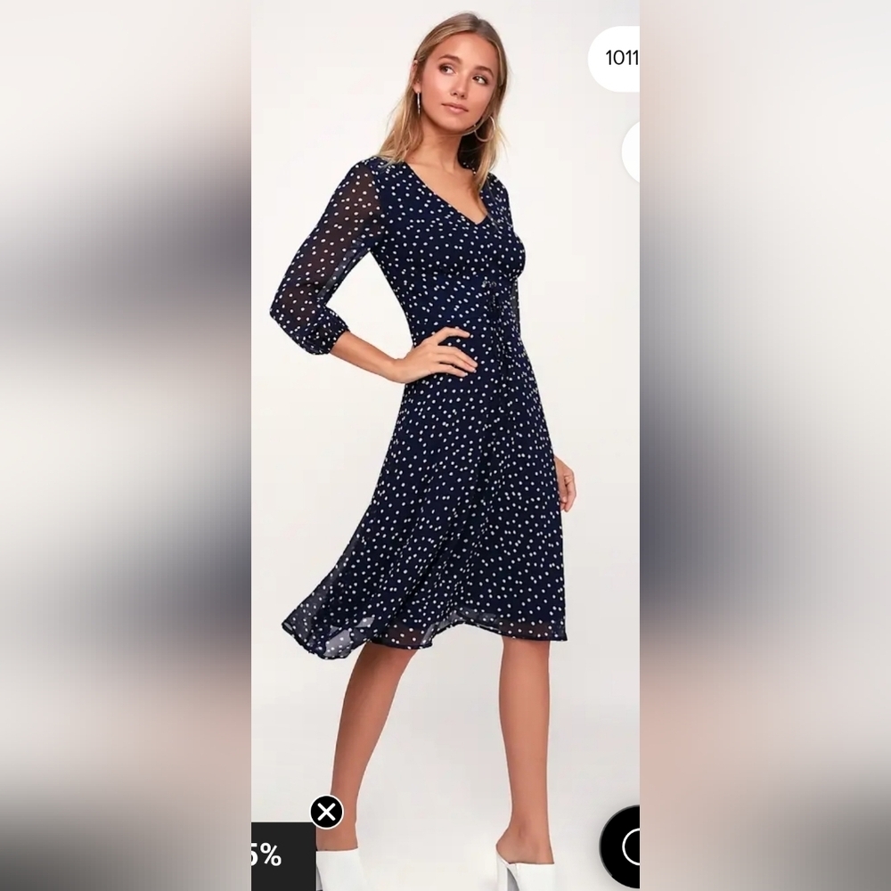 NWOT Lulus Navy Polka Dot Long Sleeve Dress Size XS
